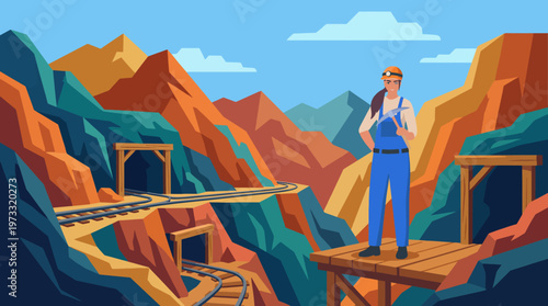 A miner stands confidently on a platform in a mountainous landscape, representing hard work and determination in a challenging outdoor work environment.