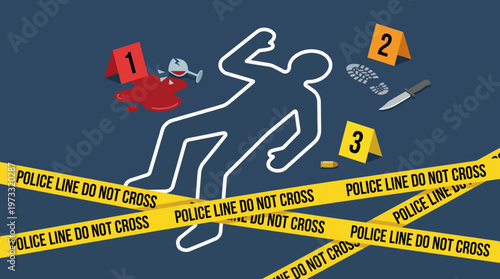 This image depicts a crime scene layout featuring a chalk outline of a body, blood stains, evidence markers, and police tape indicating the area is off-limits.
