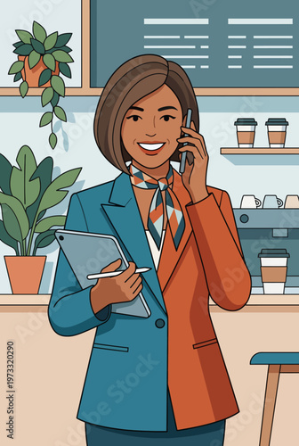 A stylish woman engaged in a phone conversation, exuding confidence, stands in a modern café, blending professionalism with a relaxing ambiance, ideal for business discussions.