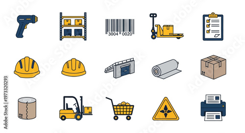 Essential icons representing warehouse and inventory management tools and safety gear isolated on transparent background, isolated on white background, Vector