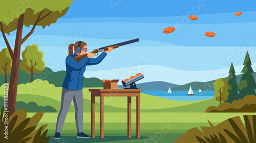 This vibrant image illustrates a person practicing clay pigeon shooting in a beautiful outdoor setting, highlighting both sport and stunning nature.