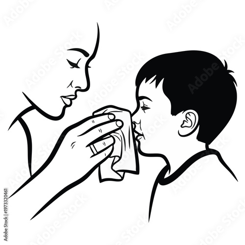 Mother wiping a boy's nose with a tissue. Line art illustration of parental care. Health, hygiene, and family concept. Vector graphic isolated on transparent background