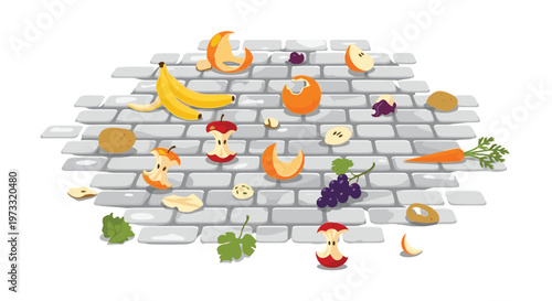 Various organic food scraps including a yellow banana peel, red apple cores, and purple grapes are scattered across a textured grey brick pavement area.