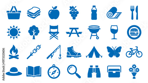 Collection of blue outdoor activity and picnic icons representing summer recreation and leisure pursuits including camping food and nature elements