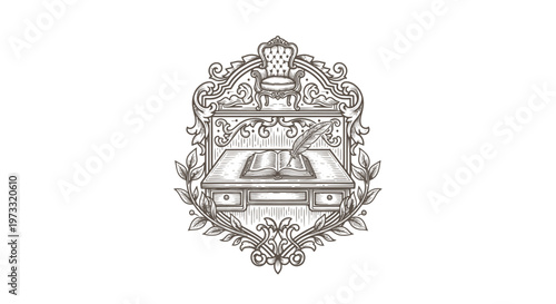 Vintage Engraved Royal Desk with Quill Pen and Inkwell Emblem