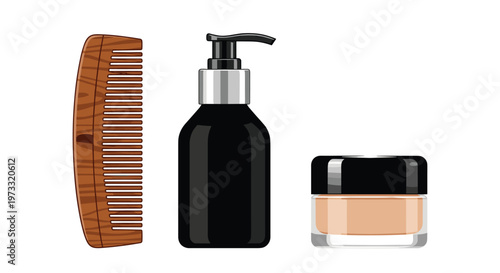 A natural wooden hair comb sits beside a sleek black dispenser bottle and a clear glass jar of facial cream on a pristine and clean white surface.