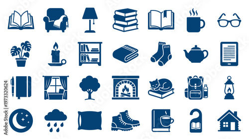 Cozy home icons set representing comfort relaxation reading and winter activities like drinking tea and wearing warm socks