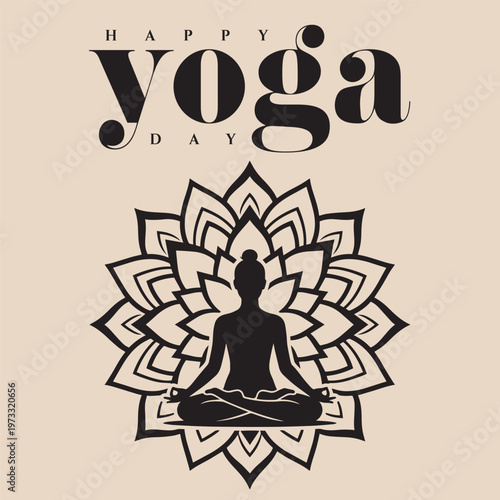 Happy Yoga Day Poster with Meditating Woman Silhouette