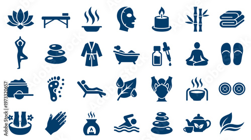 Collection of spa and wellness icons representing relaxation massage aromatherapy yoga meditation and self care for health and beauty concepts