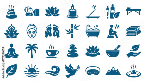 Collection of spa and wellness icons representing relaxation meditation yoga massage and healthy lifestyle concepts