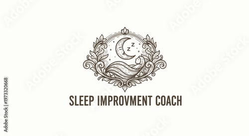 Vintage Engraved Sleep Improvement Coach Logo with Moon and Person Sleeping