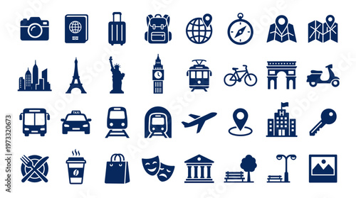 Collection of travel and tourism icons representing transportation accommodation sightseeing and activities for vacation planning and global exploration