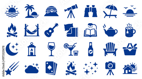 Collection of blue icons representing leisure activities, travel, relaxation, and hobbies, perfect for web design and apps