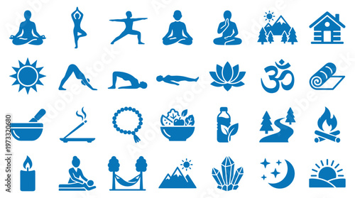 Collection of blue yoga and wellness icons representing meditation, healthy lifestyle, nature, and relaxation