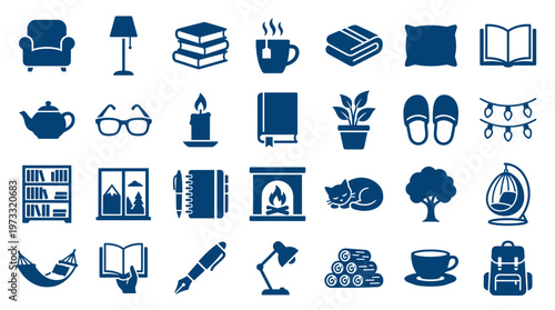 Cozy Home Icons Set: Relaxing Objects for Comfort and Hygge Lifestyle Collection