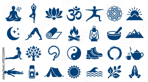 Collection of blue yoga and wellness icons representing meditation, fitness, nature, and healthy lifestyle activities