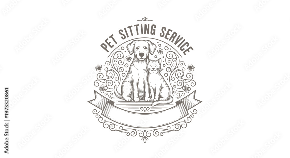 Obraz premium Vintage Engraved Pet Sitting Service Logo with Dog and Cat
