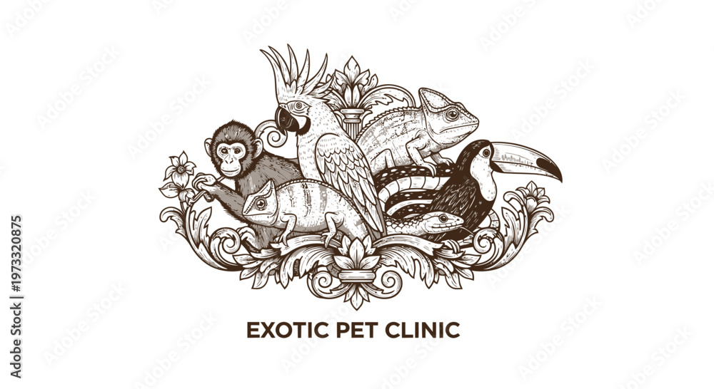 Fototapeta premium Vintage Engraved Exotic Animals Emblem: Monkey, Parrot, Toucan, Chameleon, Lizard
