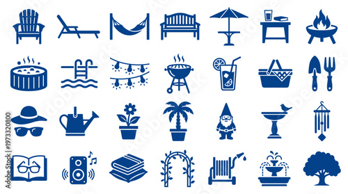 Collection of blue outdoor leisure and garden icons representing relaxation activities and summer fun