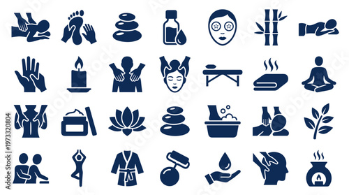 Collection of spa and wellness icons representing massage therapy relaxation beauty treatments and healthy lifestyle concepts