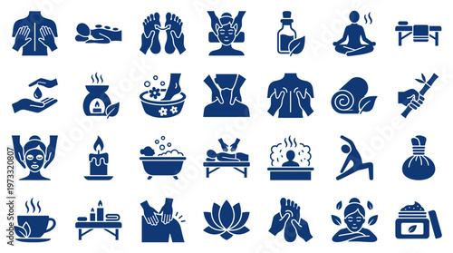 Collection of spa and wellness icons representing massage therapy relaxation and self care treatments