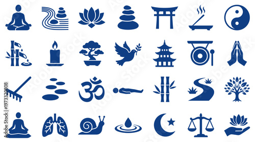 Collection of blue icons representing yoga meditation zen spirituality peace nature and wellness concepts