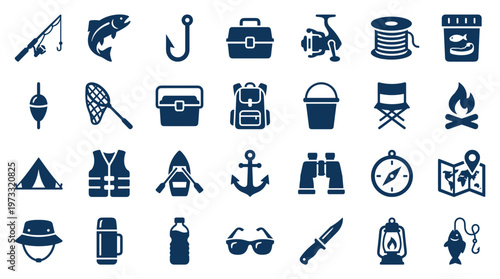 Collection of fishing and outdoor recreation icons representing camping gear, fishing equipment, and adventure essentials for leisure activities and travel