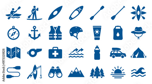 Collection of outdoor adventure and water sports icons representing activities like kayaking, paddleboarding, camping, hiking, and travel with essential gear and equipment.