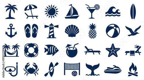 Collection of summer vacation icons representing beach activities, travel destinations, and tropical leisure.
