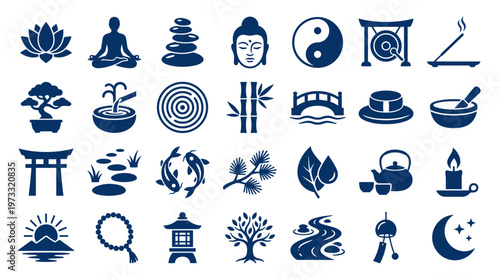 Collection of serene Japanese and Asian cultural icons symbolizing peace, meditation, nature, and spirituality in a calming blue color palette