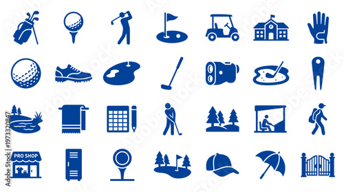Collection of blue golf icons representing various aspects of the sport including equipment players course elements and facilities on a white background