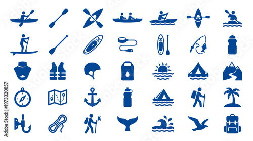 Collection of blue outdoor adventure and water sports icons representing activities like kayaking, paddleboarding, camping, hiking, and fishing