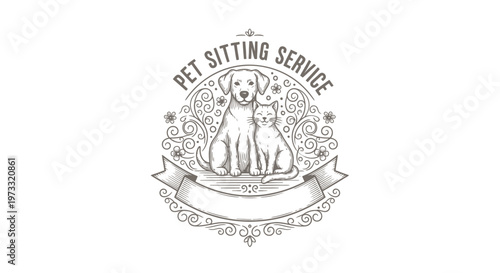 Vintage Engraved Pet Sitting Service Logo with Dog and Cat