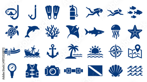 Collection of blue scuba diving and ocean adventure icons representing underwater exploration marine life and travel activities
