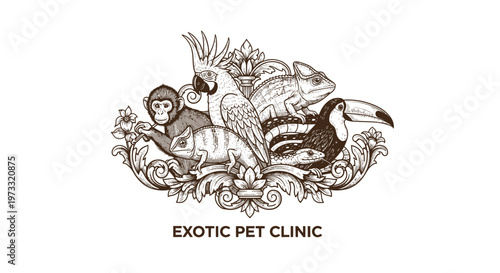 Vintage Engraved Exotic Animals Emblem: Monkey, Parrot, Toucan, Chameleon, Lizard