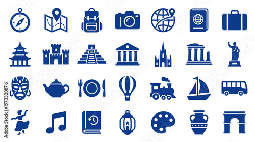 Collection of travel and tourism icons representing landmarks transportation activities and cultural elements for vacation planning and exploration