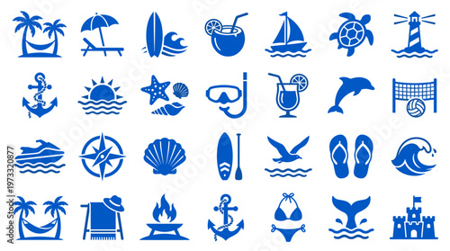 Collection of blue summer vacation icons representing beach activities, travel, and ocean life