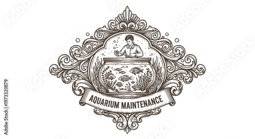 Vintage Aquarium Maintenance Emblem with Man and Fish
