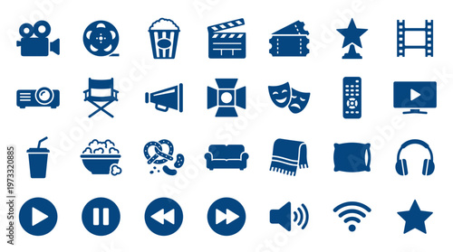 Collection of blue cinema and entertainment icons representing movie watching and media consumption on a white background