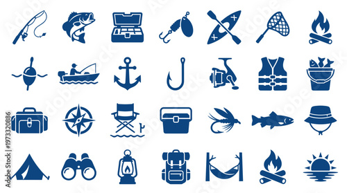 Collection of fishing and camping icons representing outdoor adventure and leisure activities