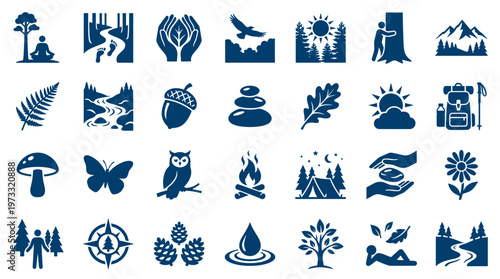 Nature and outdoor activities icons set representing environmental conservation, healthy lifestyle, and recreational pursuits in a forest setting