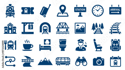 Collection of railway and travel icons representing train journeys, stations, accommodation, and amenities for transportation and tourism concepts