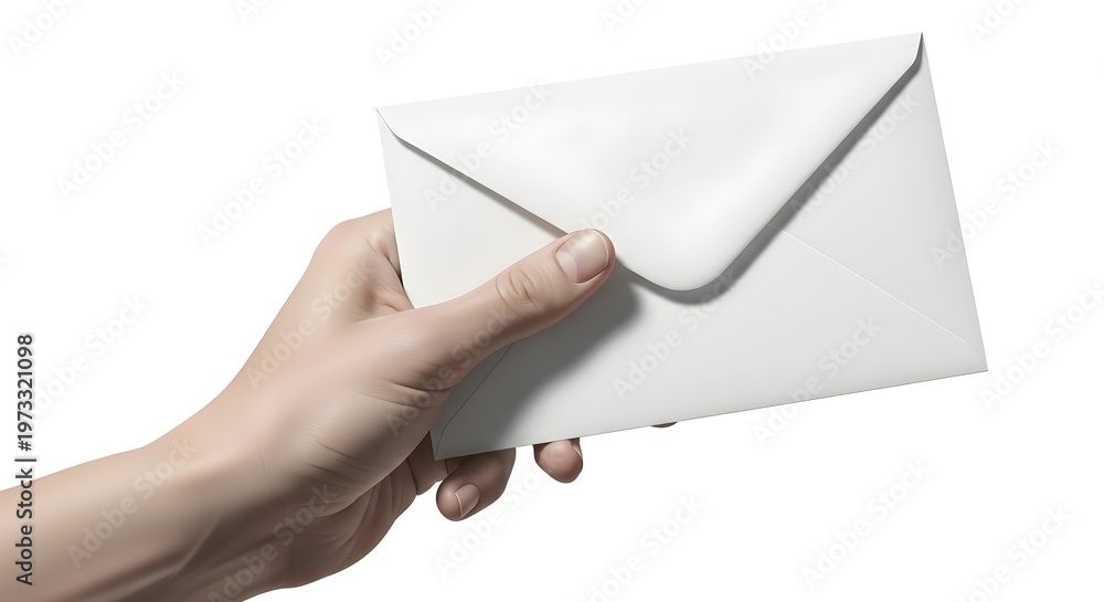 Fototapeta premium Closeup of a hand holding a blank white envelope isolated on white background
