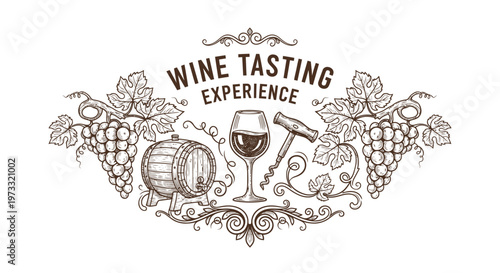 Vintage Wine Tasting Experience Emblem with Grapes, Barrel, Glass and Corkscrew