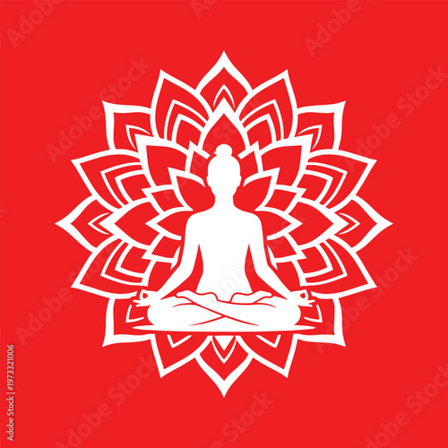 Yoga Woman Silhouette with Lotus Mandala Background on Red