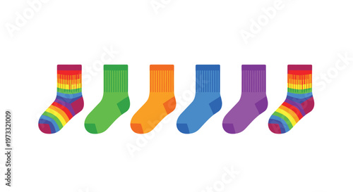 A row of vibrant socks featuring rainbow patterns and solid bright colors is displayed in a neat horizontal line against a plain white background.