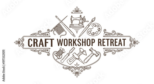 Vintage Craft Workshop Retreat Logo with Tools and Sewing Machine