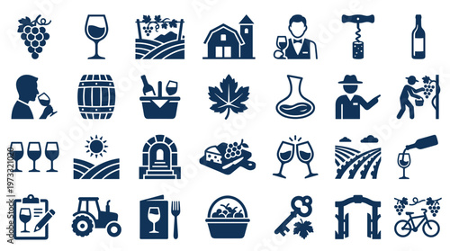 Collection of wine and vineyard icons representing the winemaking process from grape cultivation to tasting and enjoyment