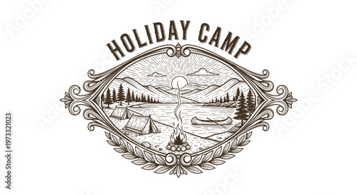 Vintage Holiday Camp Emblem with Mountains, Lake, Tent, Canoe and Campfire