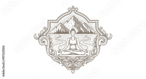 Vintage Engraved Yoga Meditation in Mountains Scene Emblem